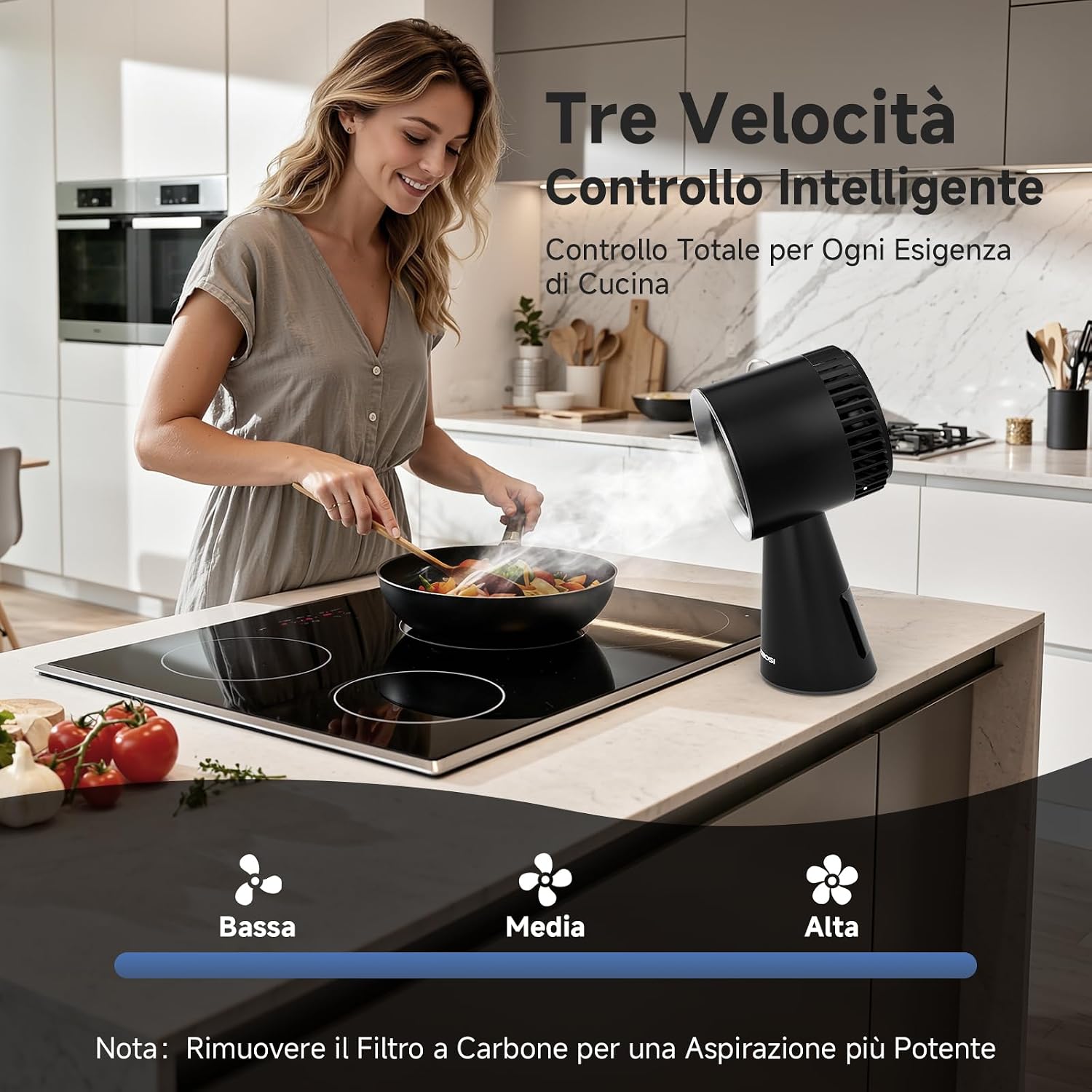 Detalle de AAOBOSI Cappa Aspirante Portatile – 3 Velocità, Senza Forare, ideale per Casa e Camper