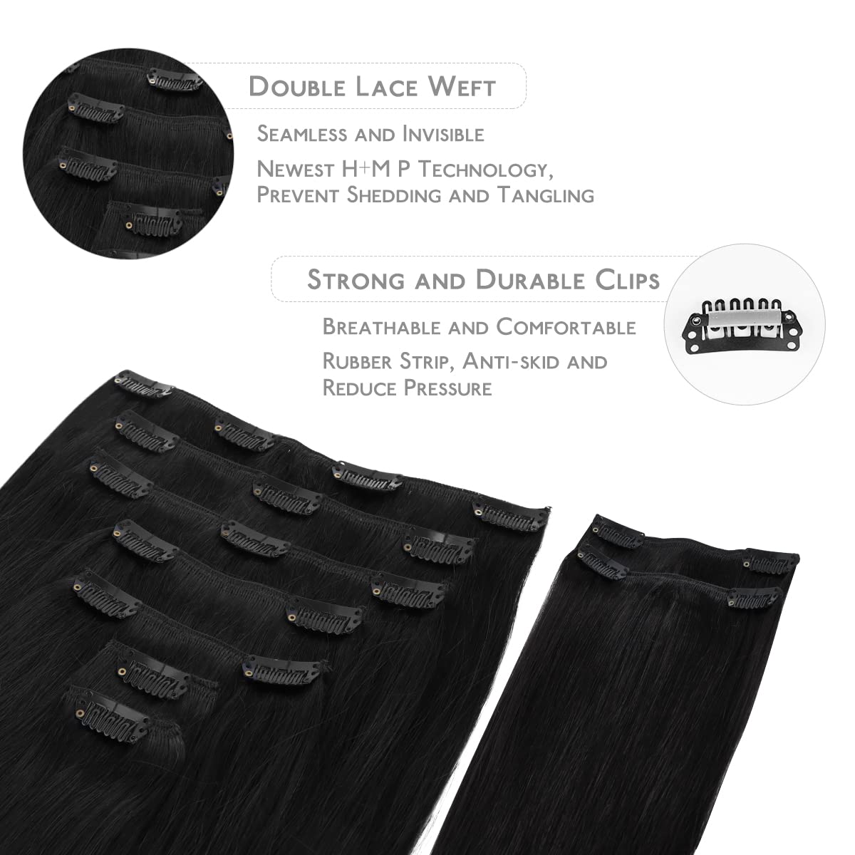 Thumbnail 2 de WENNALIFE 22-inch Clip-in Hair Extensions (Remy Human Hair) – Jet Black, 150g with Clips (9 pcs)