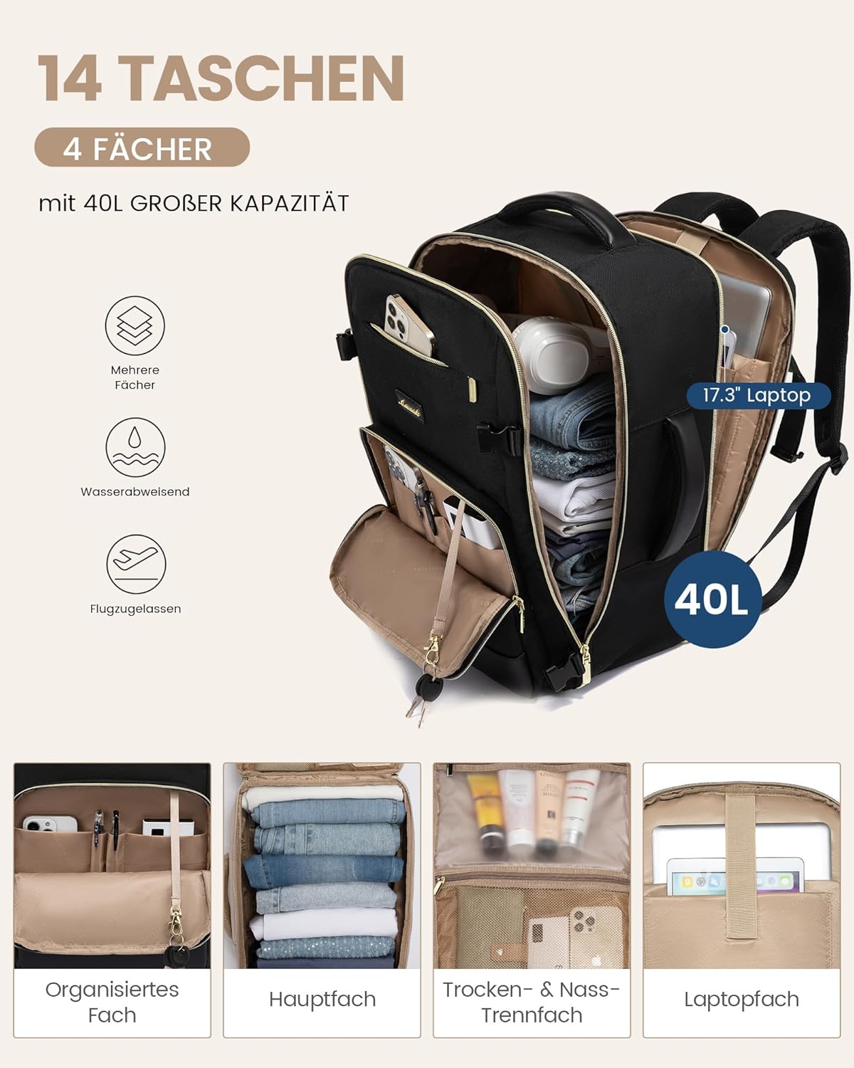 Thumbnail 2 de LOVEVOOK Handgepäck Rucksack 40L – 17,3 Zoll Laptopfach, wasserdicht, 45×30×20 cm