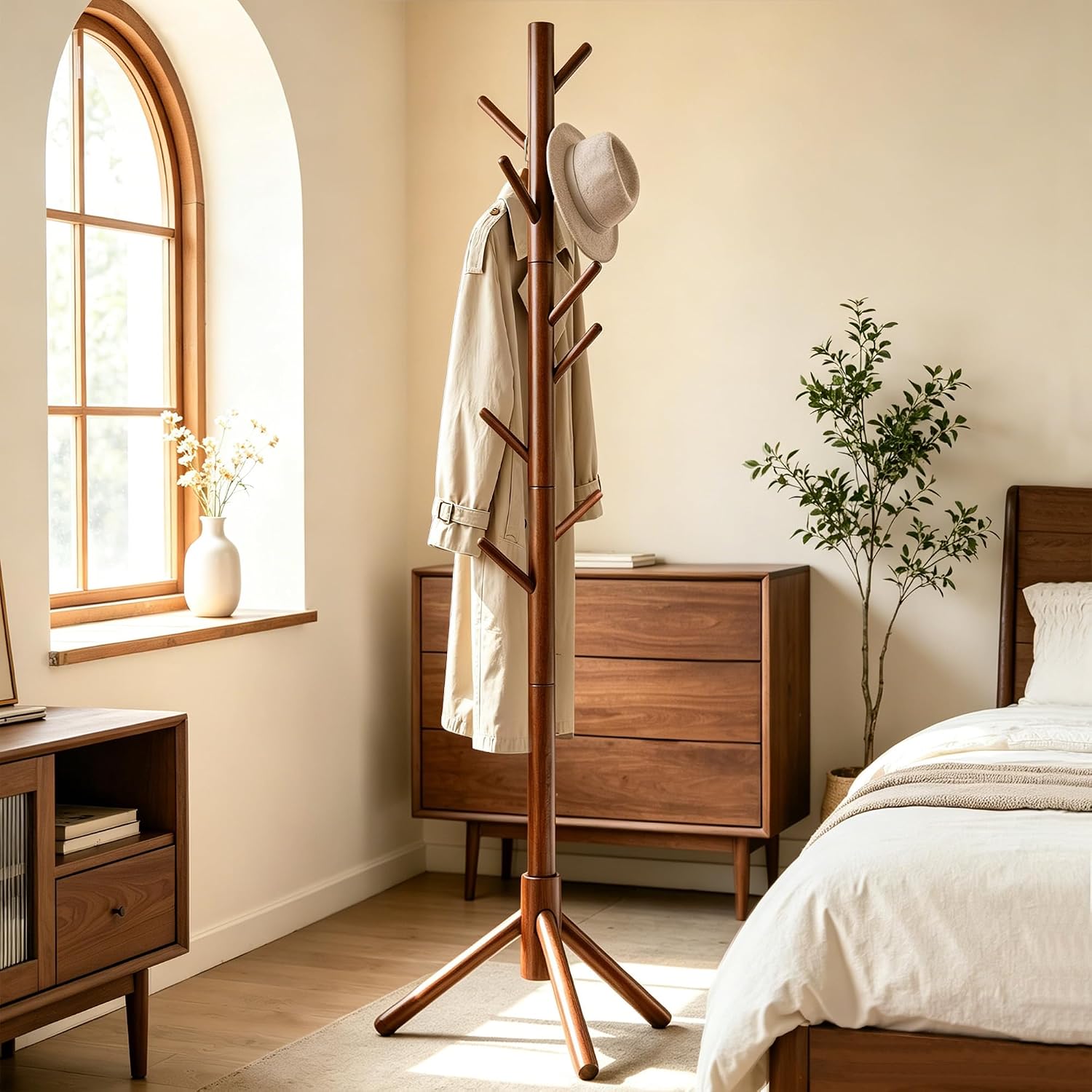 Thumbnail 6 de Freyawin Rack-Brown Wooden Freestanding Coat Rack with 8 Hooks and 3 Heights