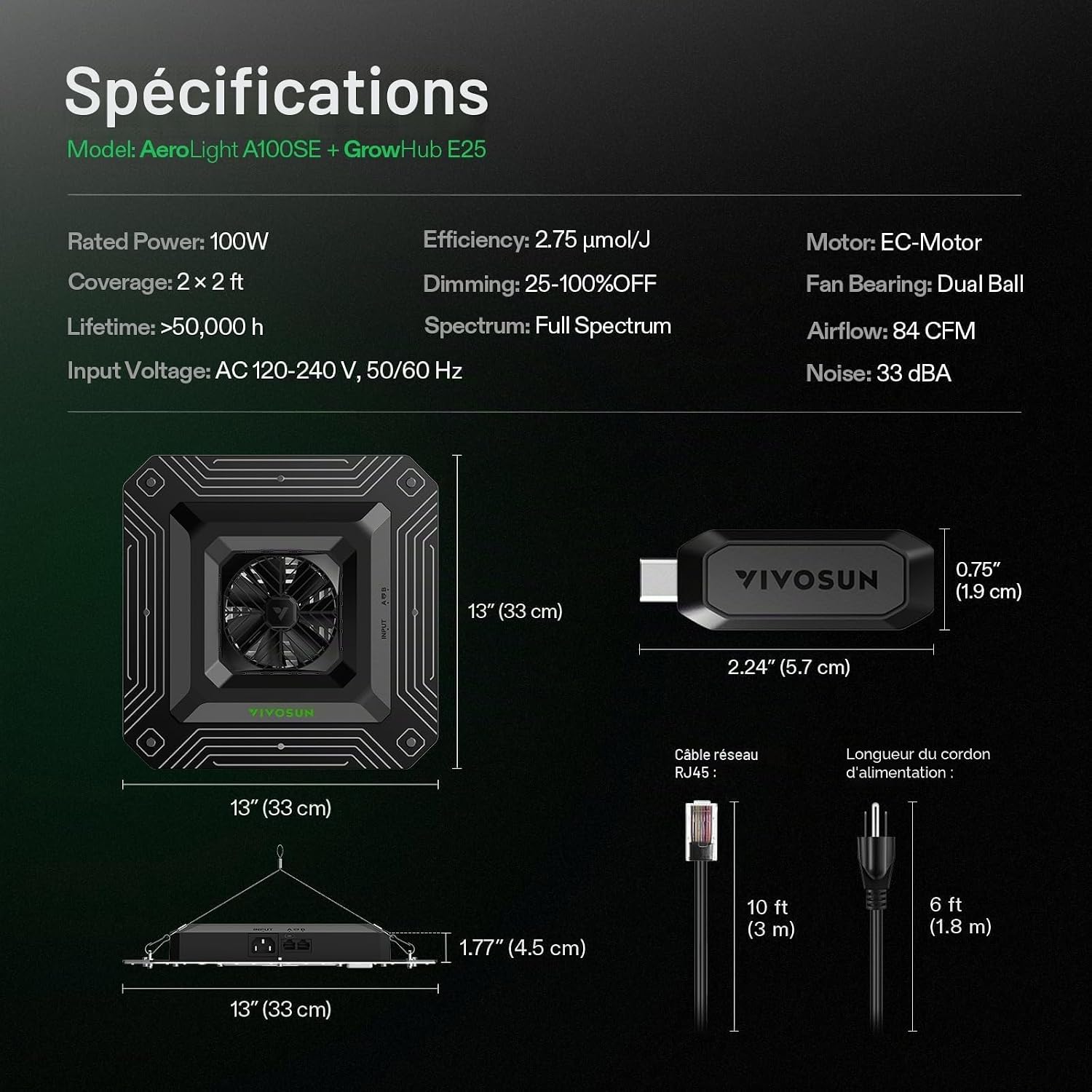 Detalle de VIVOSUN Système de culture intelligent avec AeroLight A150SE (150 W) et GrowHub E25 – LED horticole avec ventilateur intégré