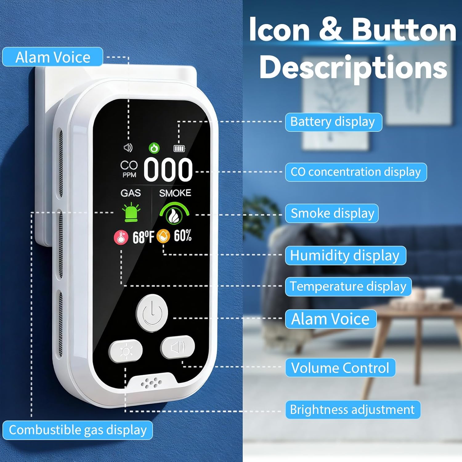 Thumbnail 1 de 6-in-1 Carbon Monoxide Detector Combo with LCD Display (CO, Natural Gas, Smoke, Temperature & Humidity) – White