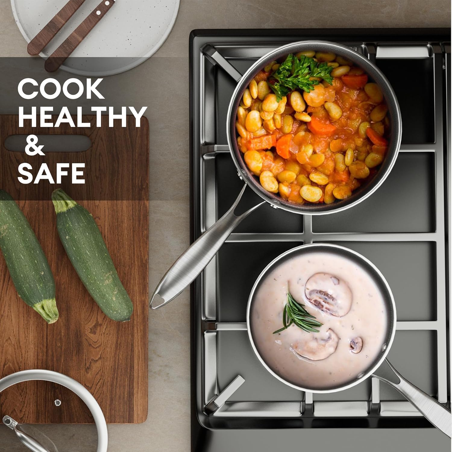 Detalle de COOKER KING 3 Quart Stainless Steel Saucepan with Lid: Tri-Ply Ceramic Nonstick, Metal Utensil Safe