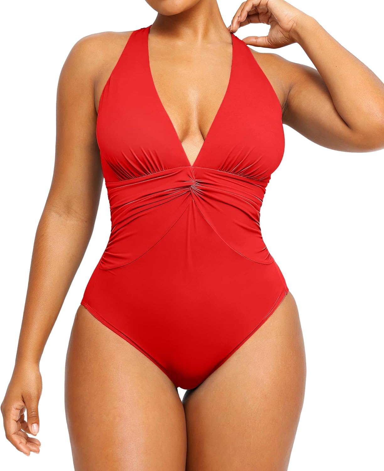 Detalle de SHAPELLX Women’s One-Piece Swimsuit with Tummy Control & Ruched V-Neck