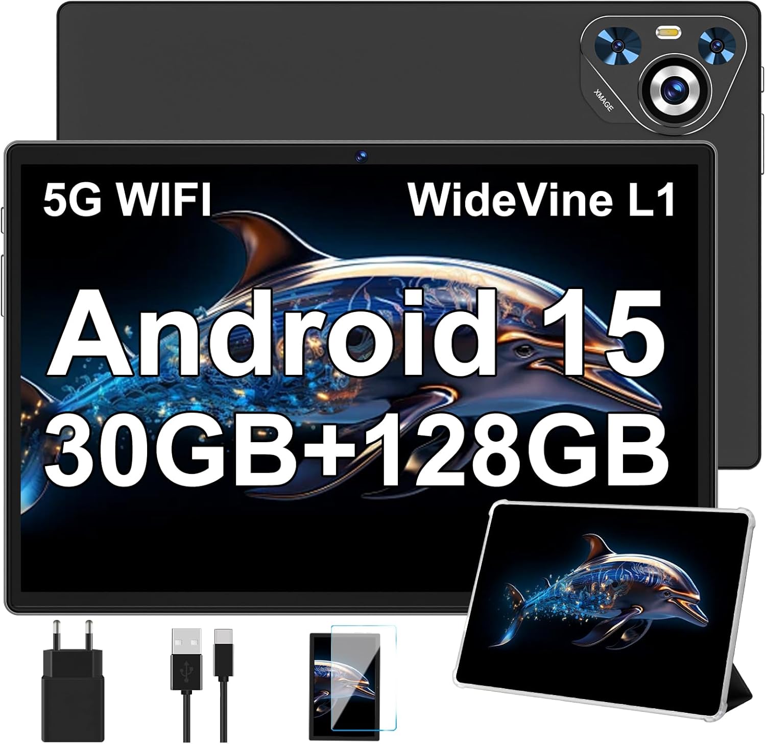 Detalle de Tablet 30 GB RAM 128 GB ROM con espansione microSD fino a 2 TB, schermo da 10", Android 15, custodia inclusa