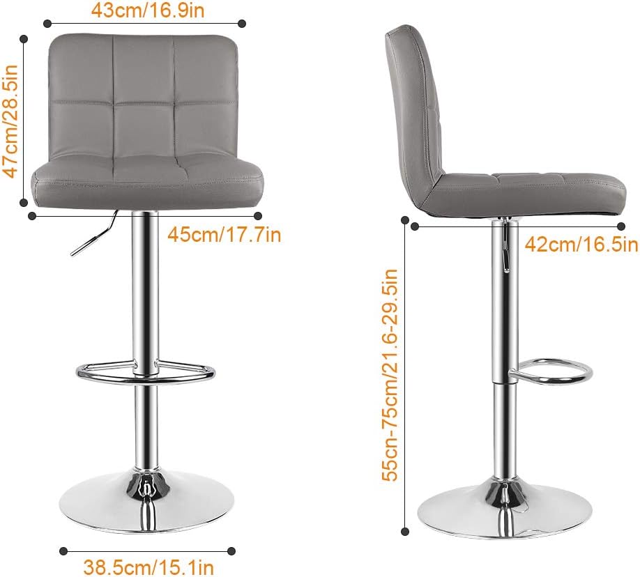 Detalle de bigzzia 3 Bar Stool Set of 2, Adjustable Grey Faux Leather Swivel Chairs