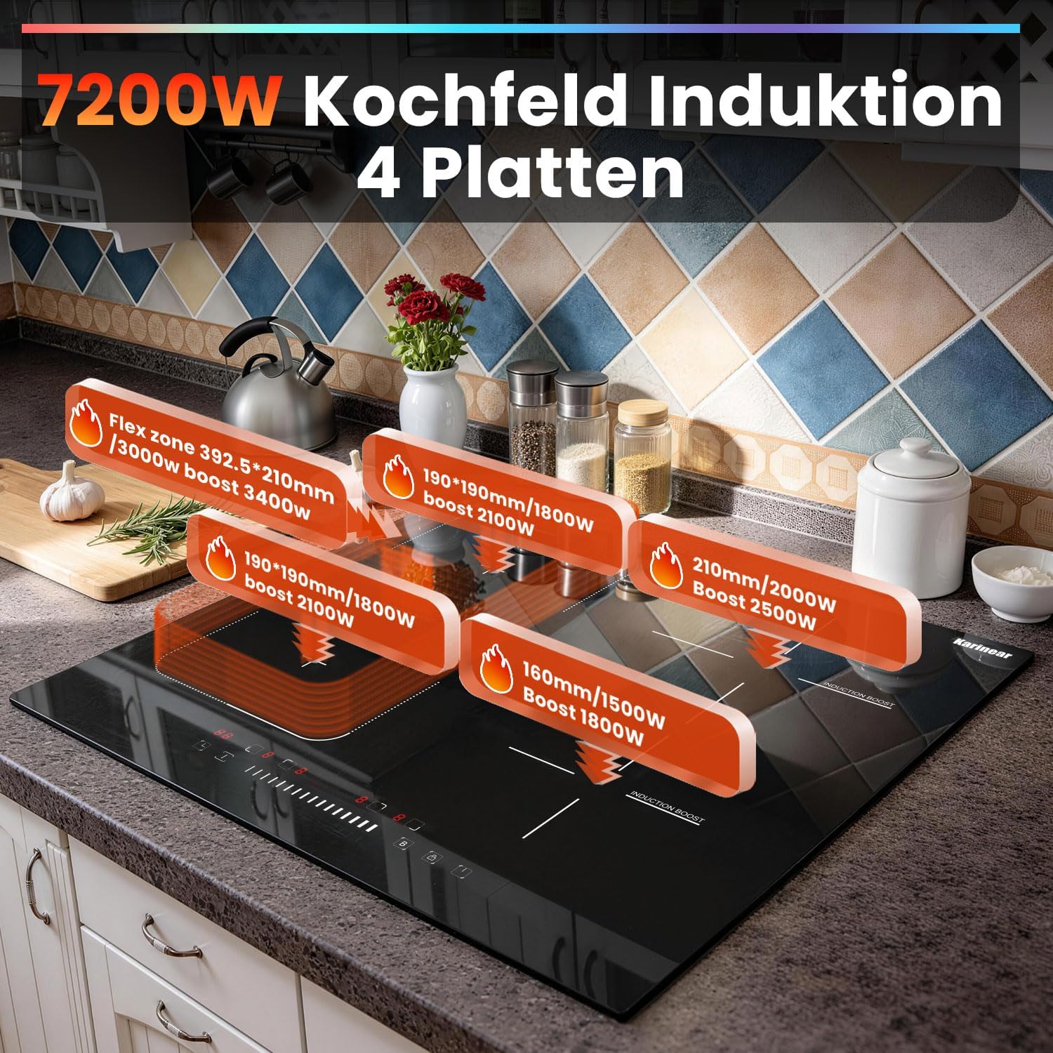 Thumbnail 5 de Karinear Induktionskochfeld 4 Zonen (7200 W) mit Flexzone, 60 cm autark – Schieberegler, Boost & Timer