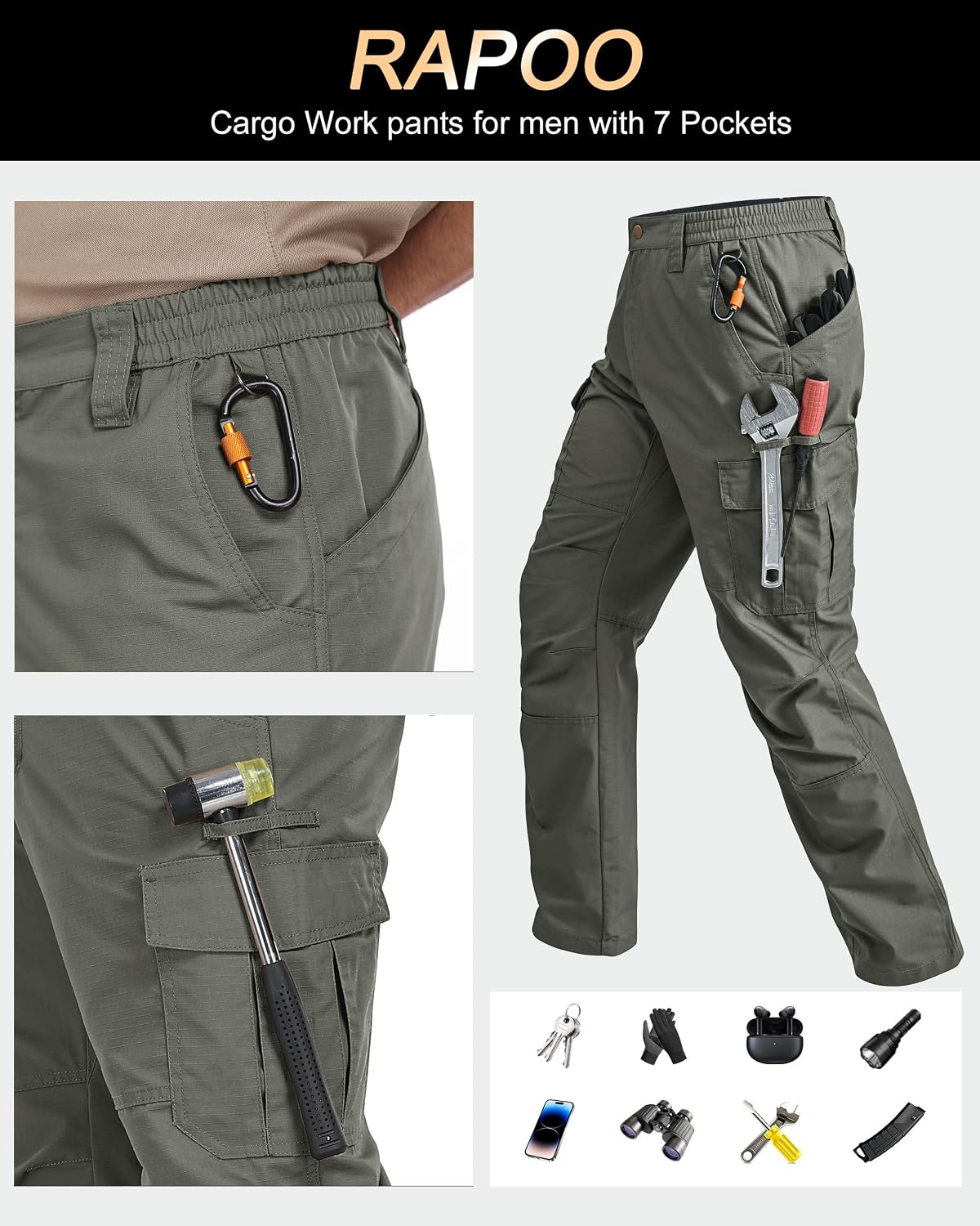 Detalle 2 de Rapoo Cargohose Herren Outdoor Workwear: Ripstop-Wandhose mit 7 Taschen