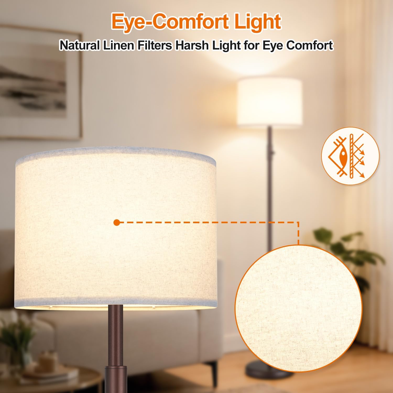 Detalle 1 de Yemela Dimmable Floor Lamp with Linen Shade, Stepless Brightness, Brown