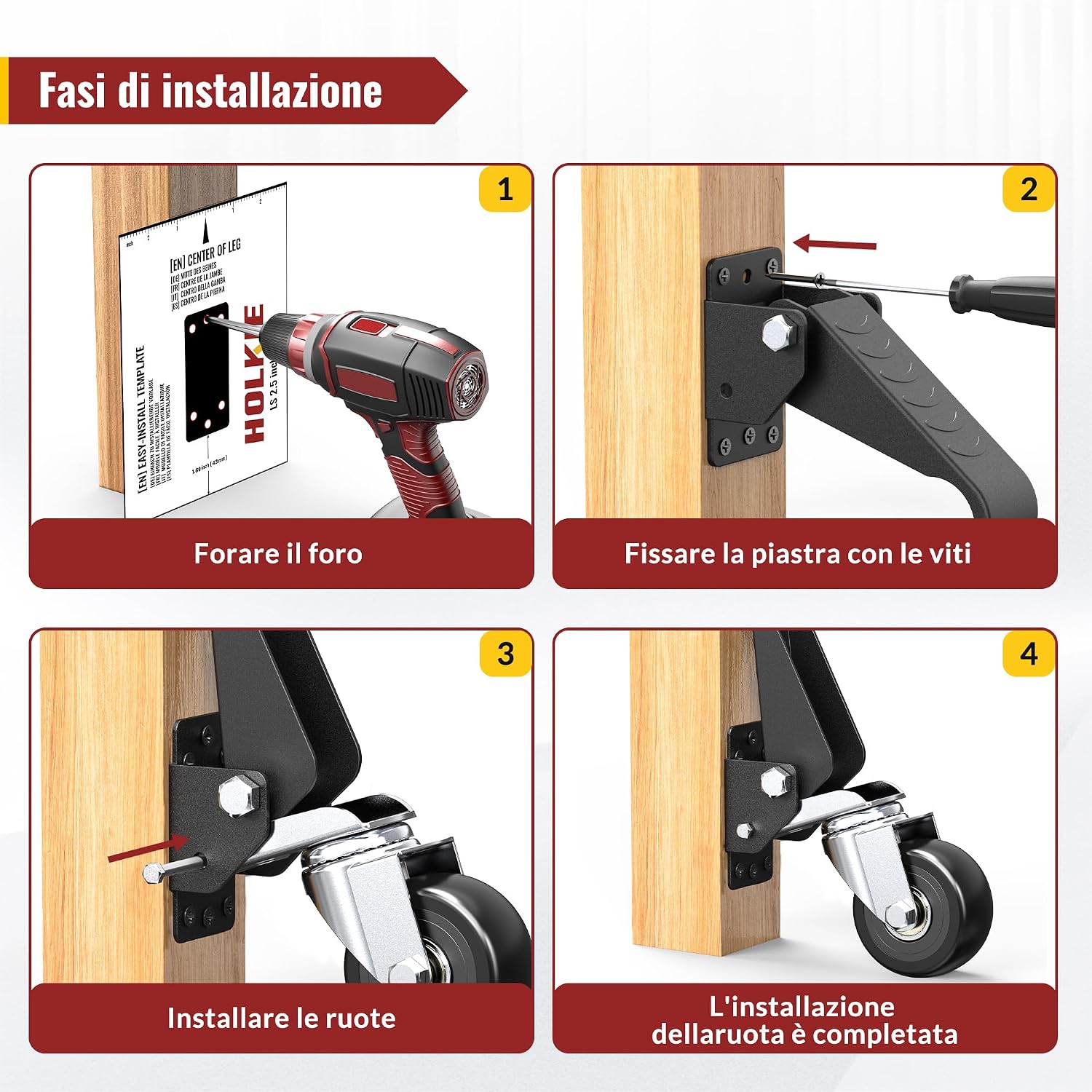 Detalle de HOLKIE Ruote retrattili per carichi pesanti a 4 ruote, carico 315 kg, sollevamento e bloccaggio
