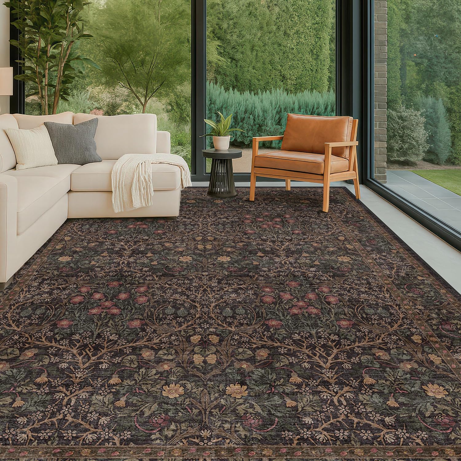 Detalle de Hazo Haus RUG 002 Dark Brown 9' x 12' Washable Floral Area Rug