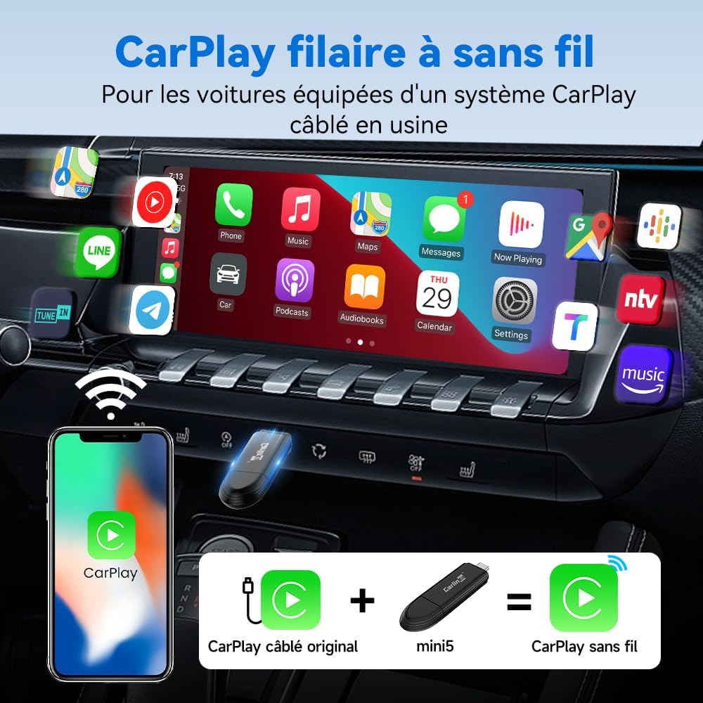 Thumbnail 1 de Carlinkit MINI5 Wireless CarPlay Adapter – Transformez le CarPlay filaire en sans fil dans votre voiture