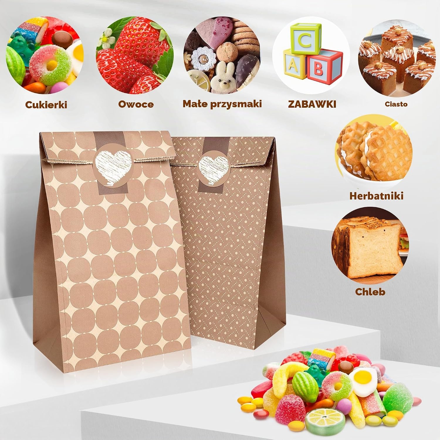 Detalle de Romon papierowe torebki prezentowe, 12 sztuk z naklejkami, papier kraft 120 g