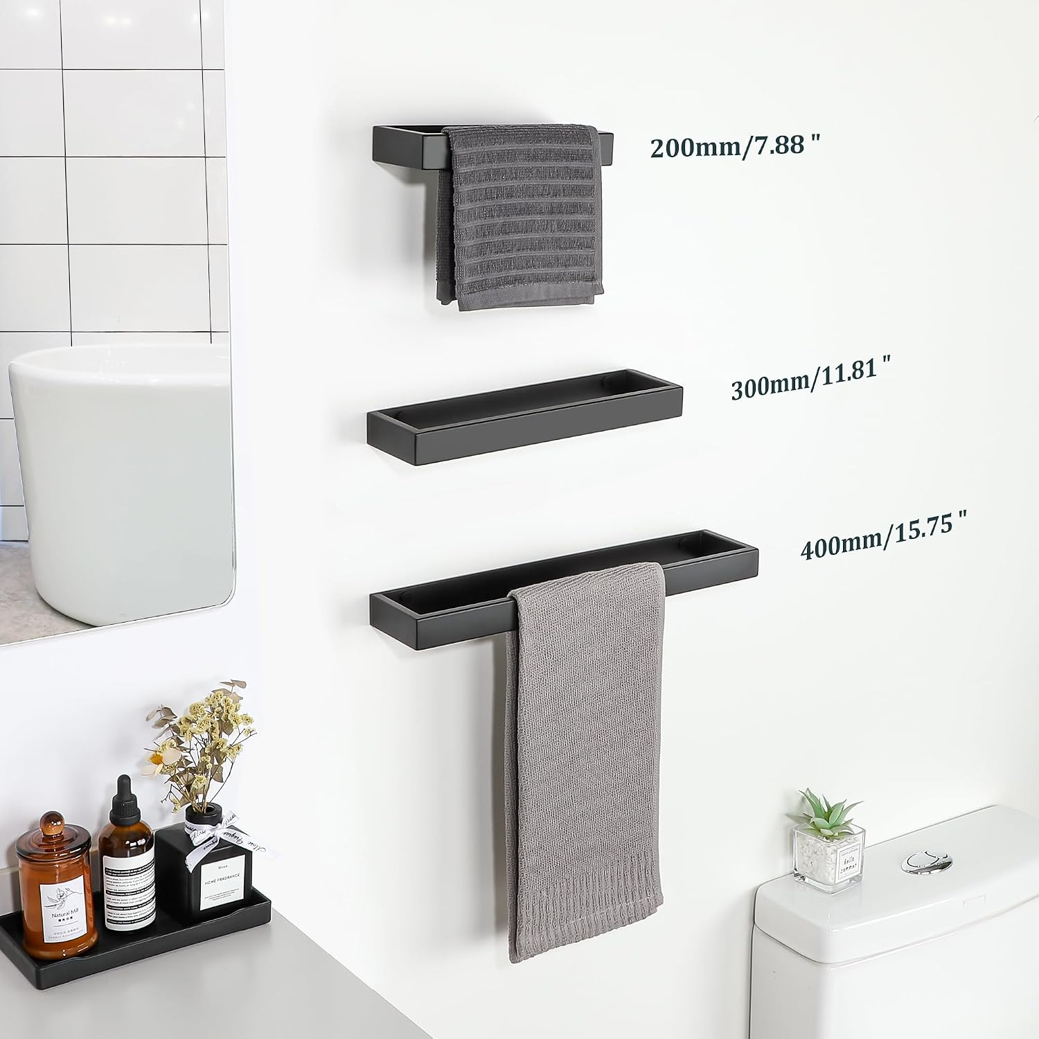 Thumbnail 6 de SAYAYO Porte-Serviette Salle de Bain Adhésif/Montage à Vis en SUS304, 20 cm, Noir Mat – sans perçage