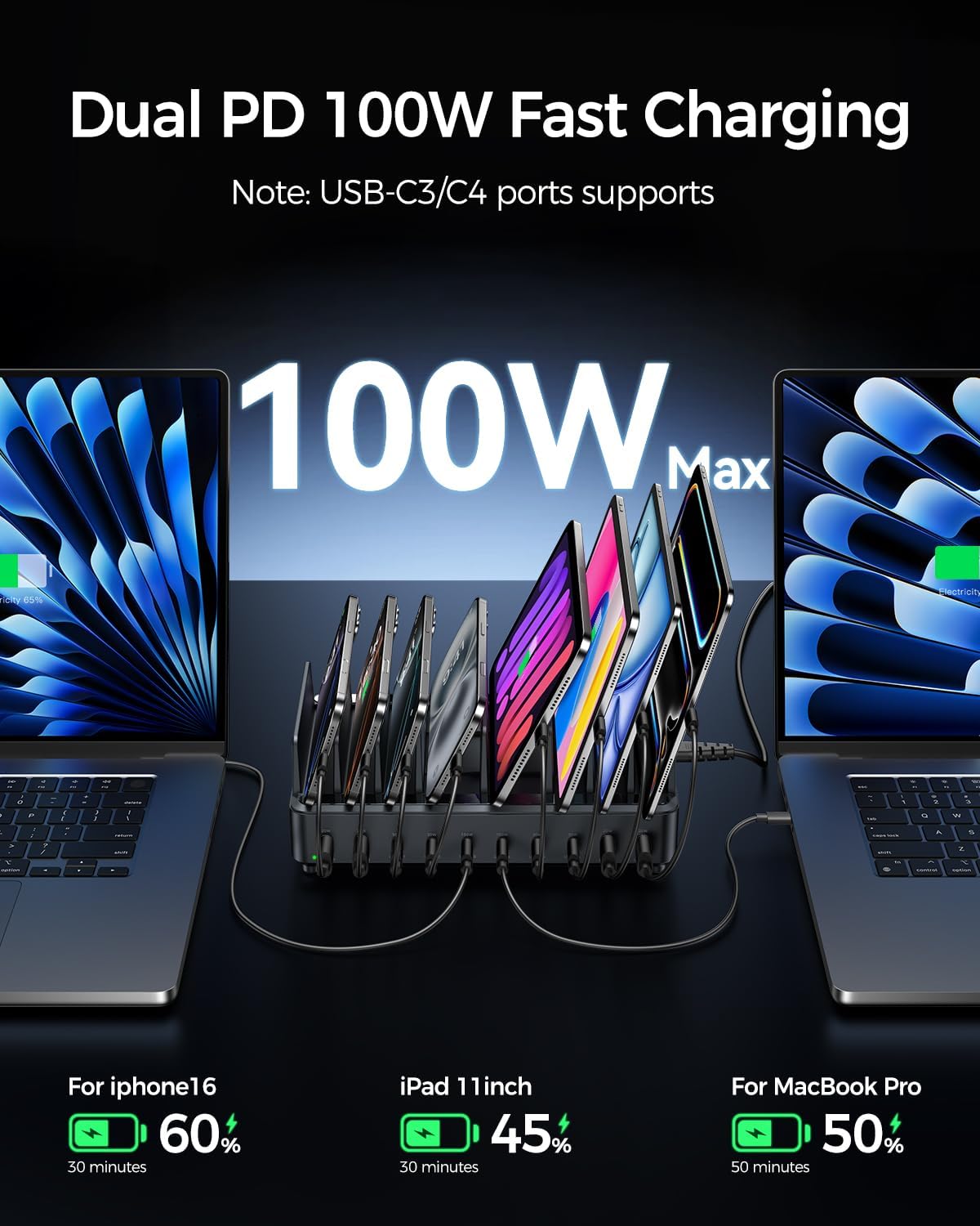 Thumbnail 1 de Rocoren 400W 10-Port USB Charging Station (GaN PD 100W, 6× USB-C + 4× USB-A) for MacBook, iPad and more