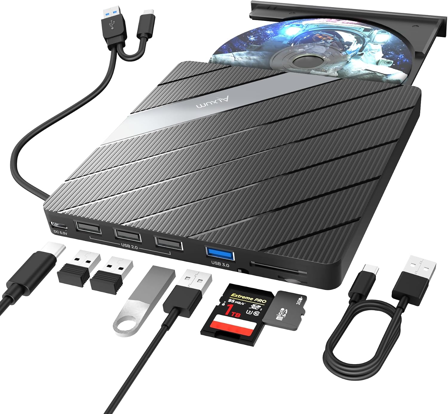 Detalle de Alxum externes DVD-Laufwerk (USB 3.0, Type-C) mit CD-Brenner, SD/TF-Kartenleser