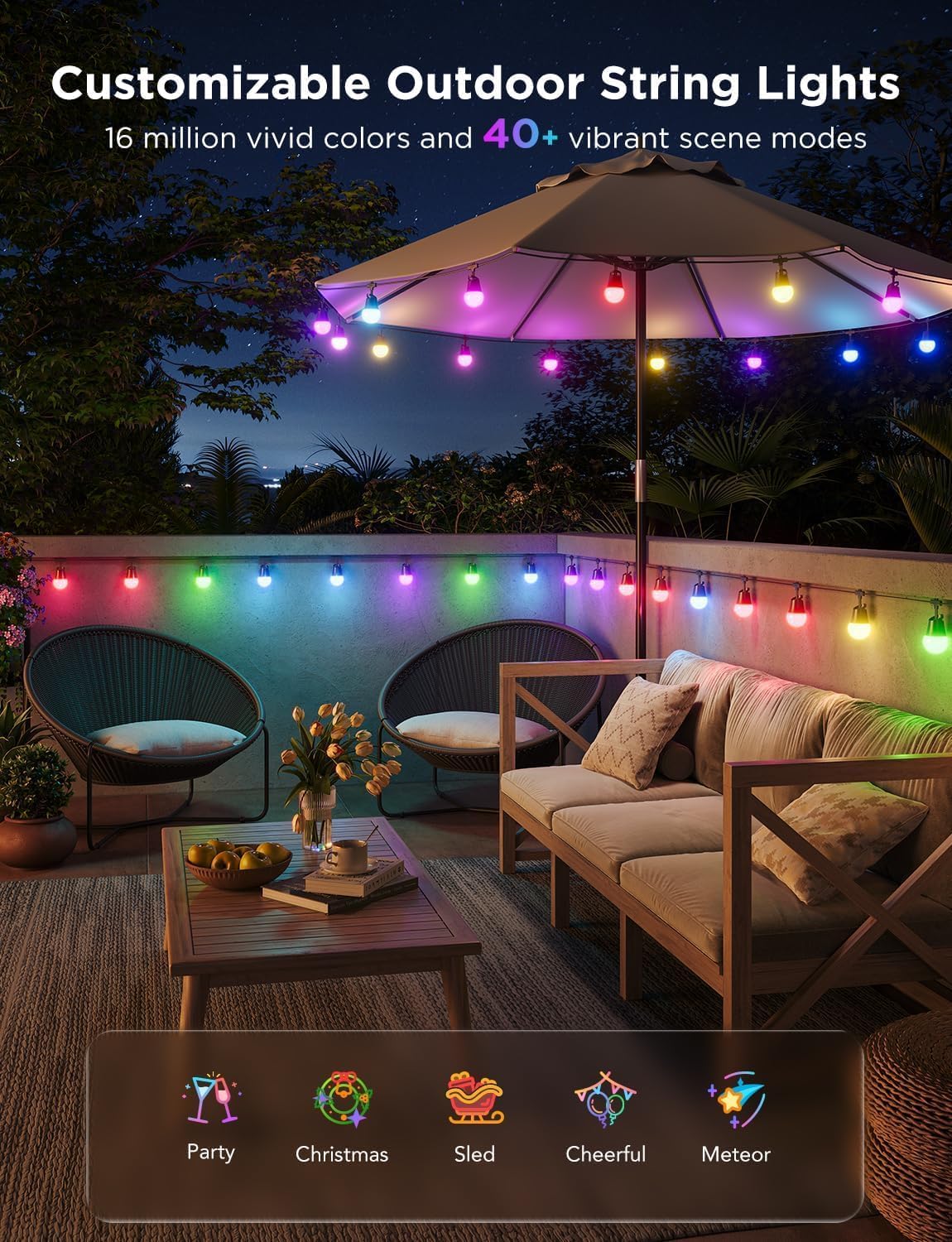 Detalle de Govee Outdoor Smart String Lights 2 (30m) — dimmable RGBICW outdoor lights with Alexa & Google Assistant