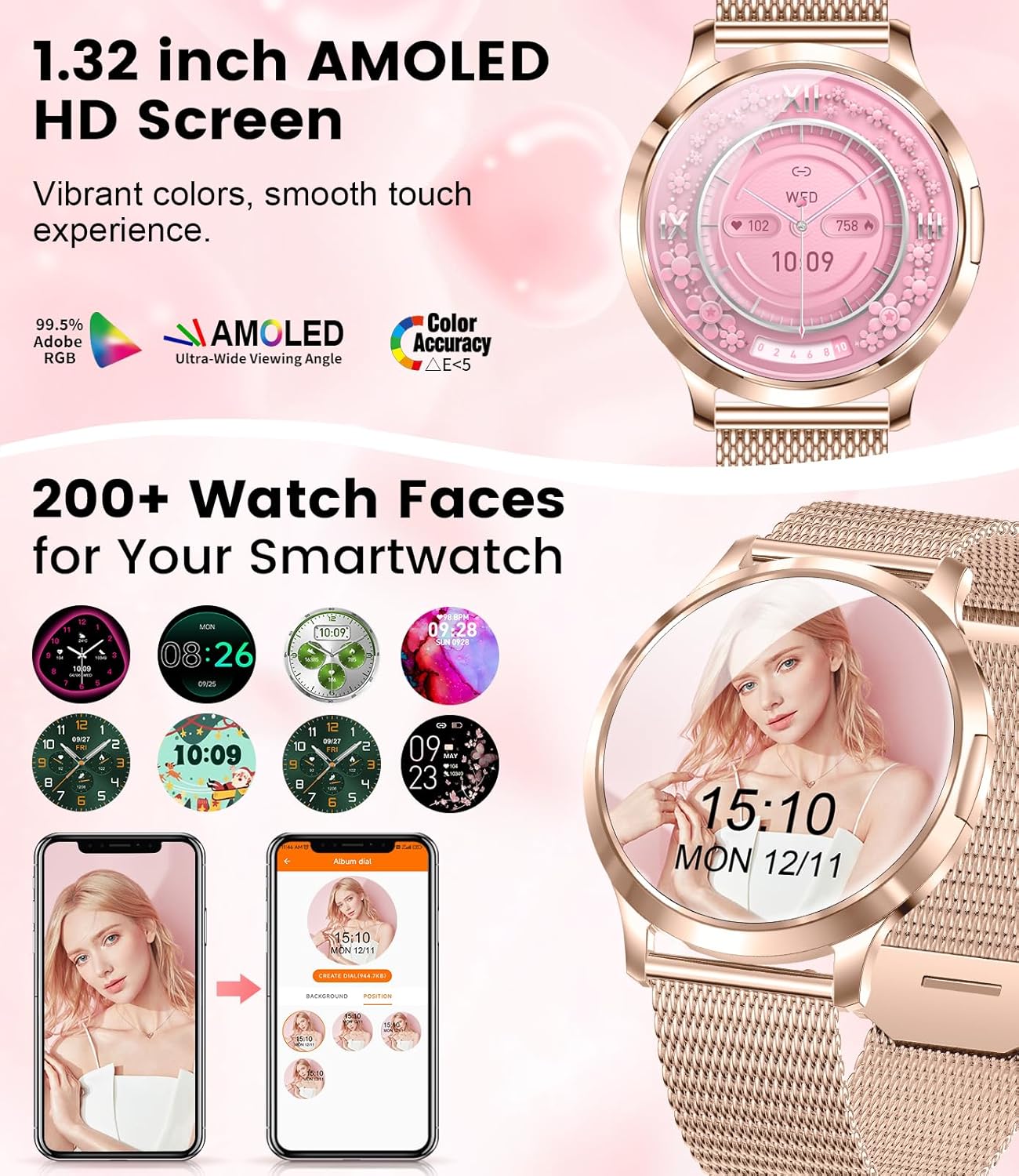 Detalle de HIRREO Smartwatch intelligente da donna AMOLED sottile da 1,32" (7,9 mm) con cinturino in maglia e silicone