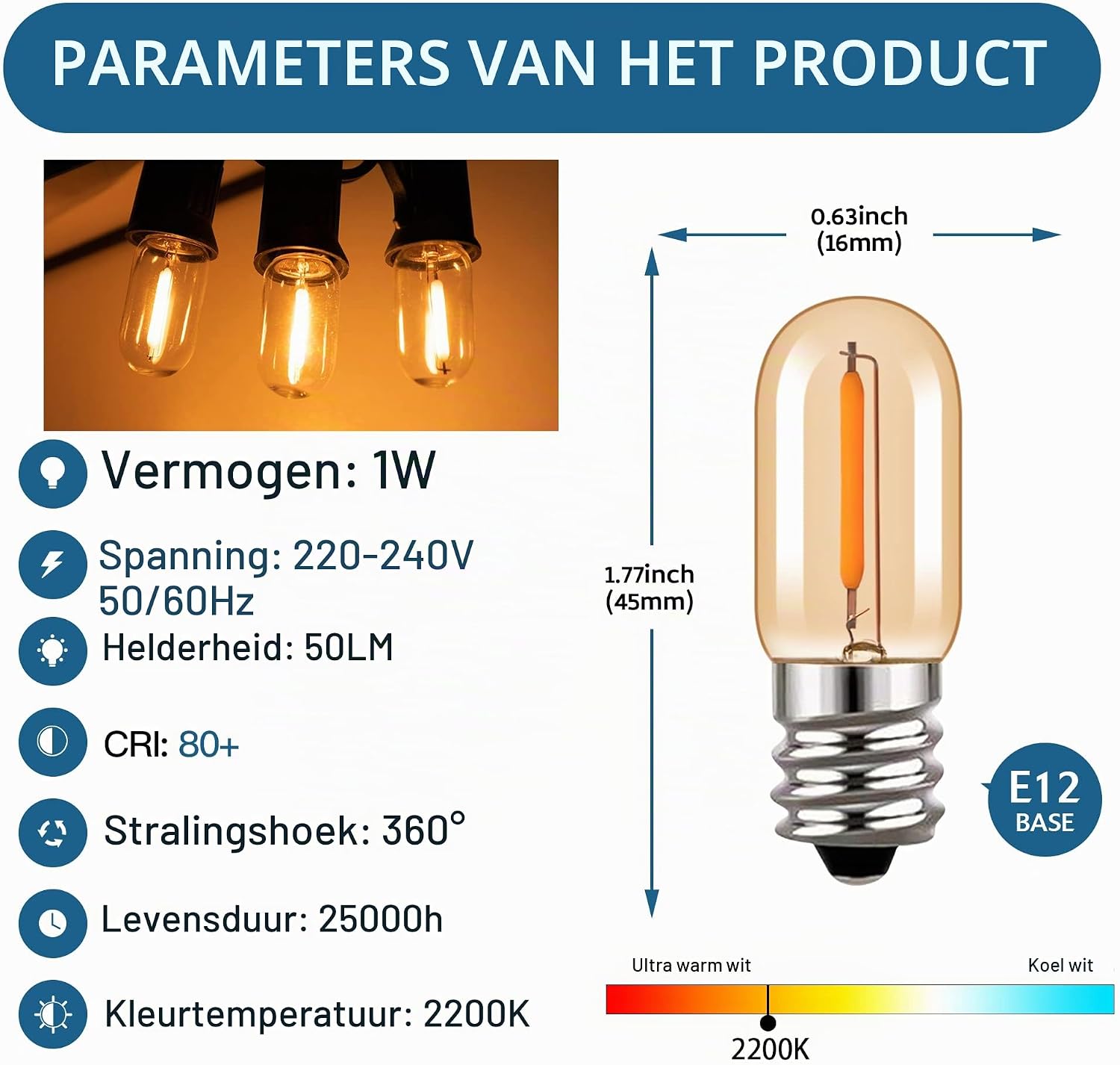 Detalle 2 de Hcnew T16 E12 LED-lampen, 1 W, 2200 K warmwit, bruin glas, 6 stuks