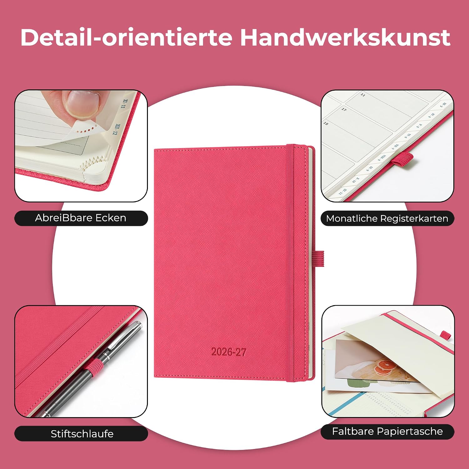 Detalle de IN-LUXPRO Kalender 2026/2027 Wochenplaner A5 – Elegant in Rose, veganem Leder, 18 Monate