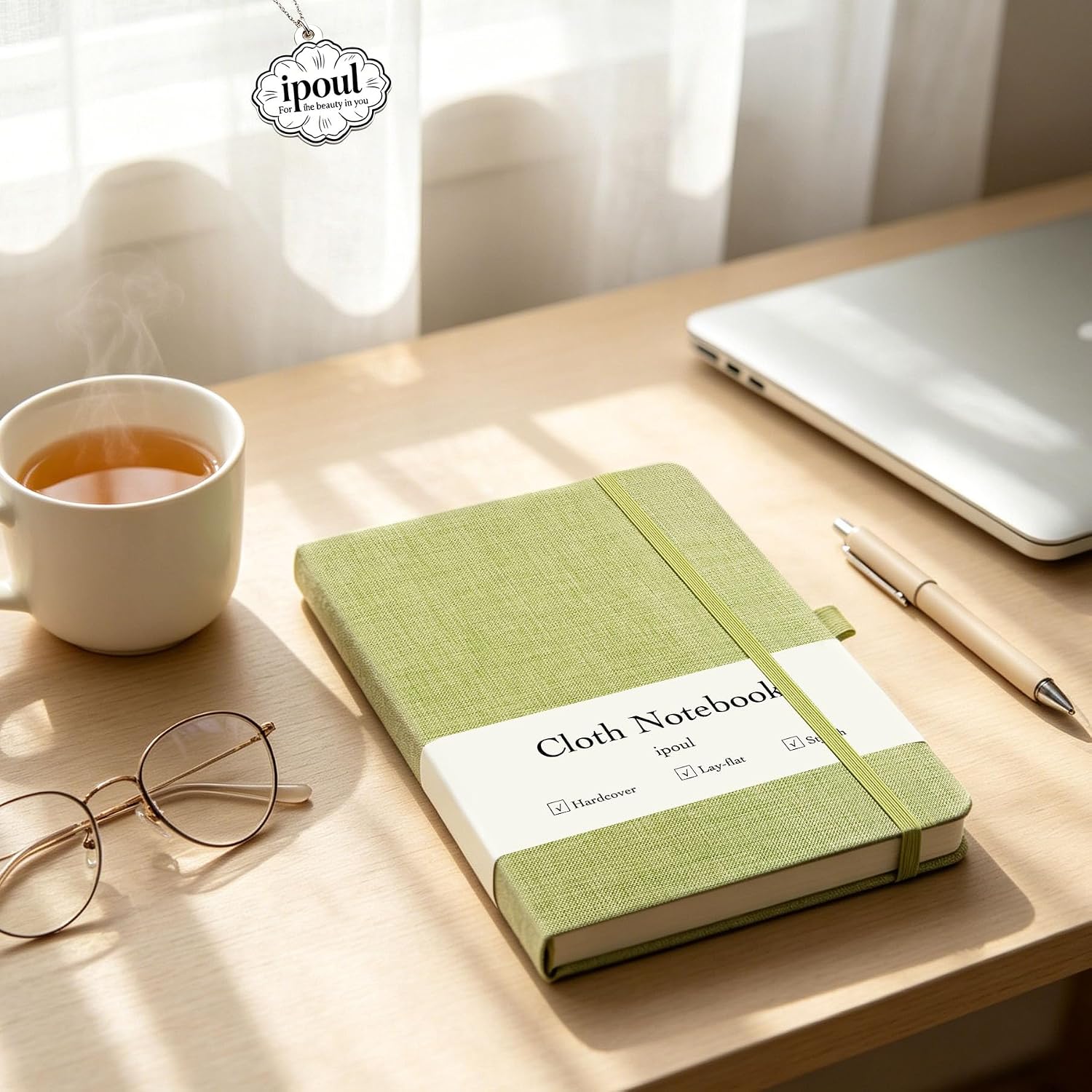 Detalle de ipoul ipoul-003-string-linen A5 Linen Notebook, Green, Lay-Flat Hardcover