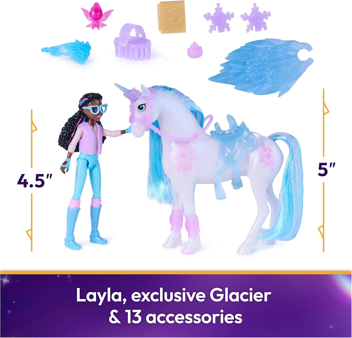 Detalle de Unicorn Academy: Glacier's Gemstone Adventure con Layla e 13 Accessori – Unicorno e bambola giocattolo per bambine