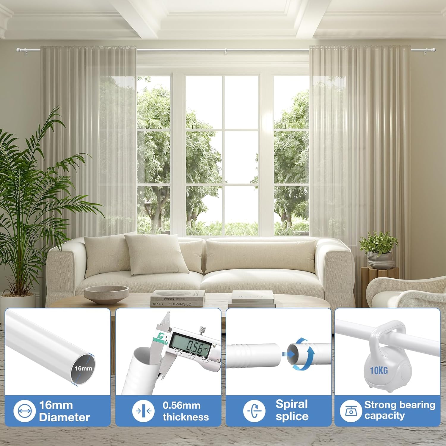 Detalle de PeSenp Curtain Poles 87-321cm, 16mm Diameter with Round Finials – White Metal Rod, Brackets & Fittings Included