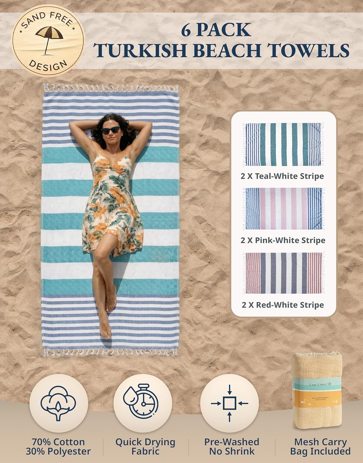 Detalle 2 de LANE LINEN Beach Towels 6 Pack: Oversized 39" x 71" Cotton Rich Turkish Towels, Sand-Free & Fast-Drying