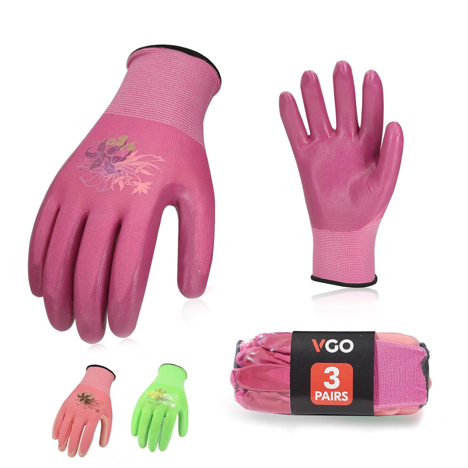 Detalle de Vgo... 3 paia Guanti da Lavoro Donna in Nitrile – rivestimento in PU antiscivolo, taglia L, kit 3 colori