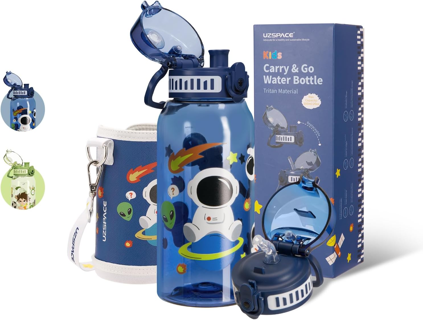 UZSPACE Kids Water Bottle with 2 Lids – 600ml Tritan, BPA-Free, Leakproof