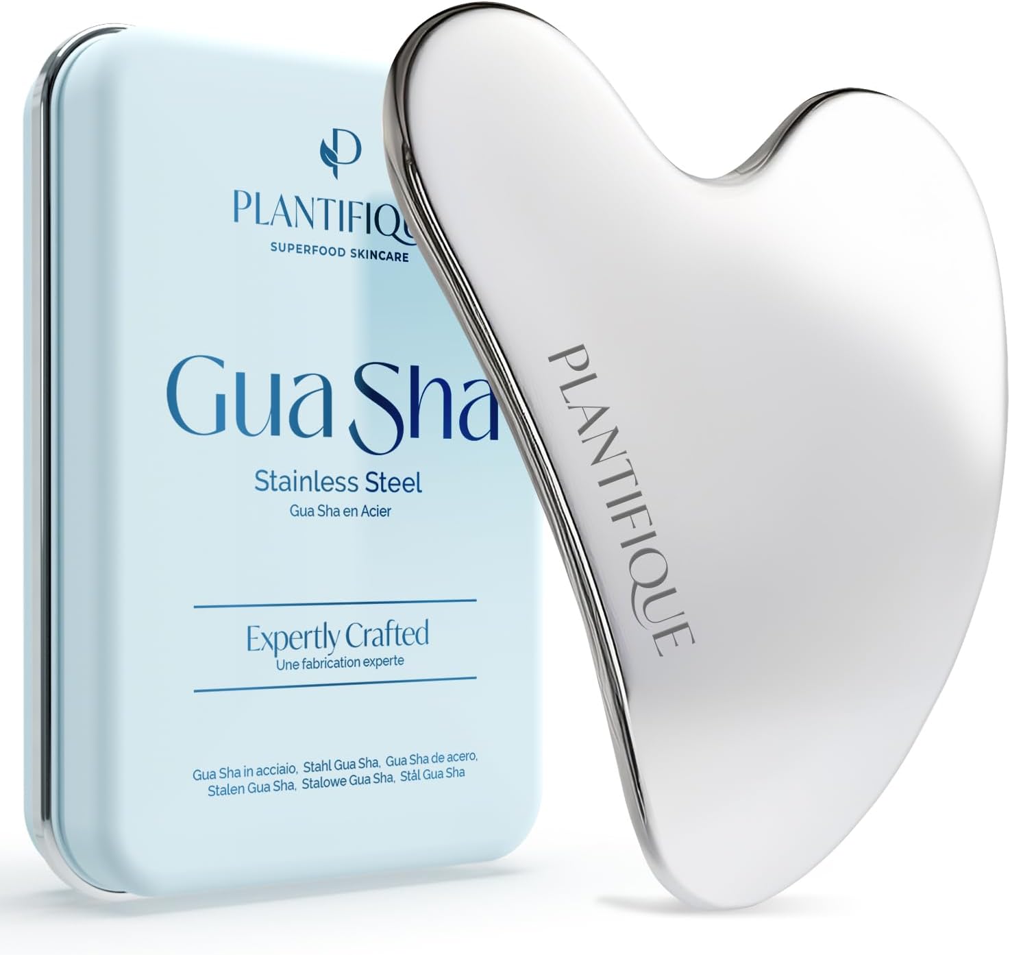 Detalle de PLANTIFIQUE Stainless Steel Gua Sha Facial Tool (Heart-Shaped) with Travel Pouch