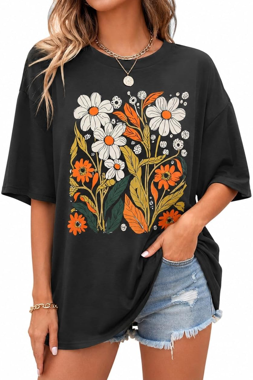 Detalle de UNIQUEONE Oversized Floral Graphic T-Shirt for Women, Cotton Blend