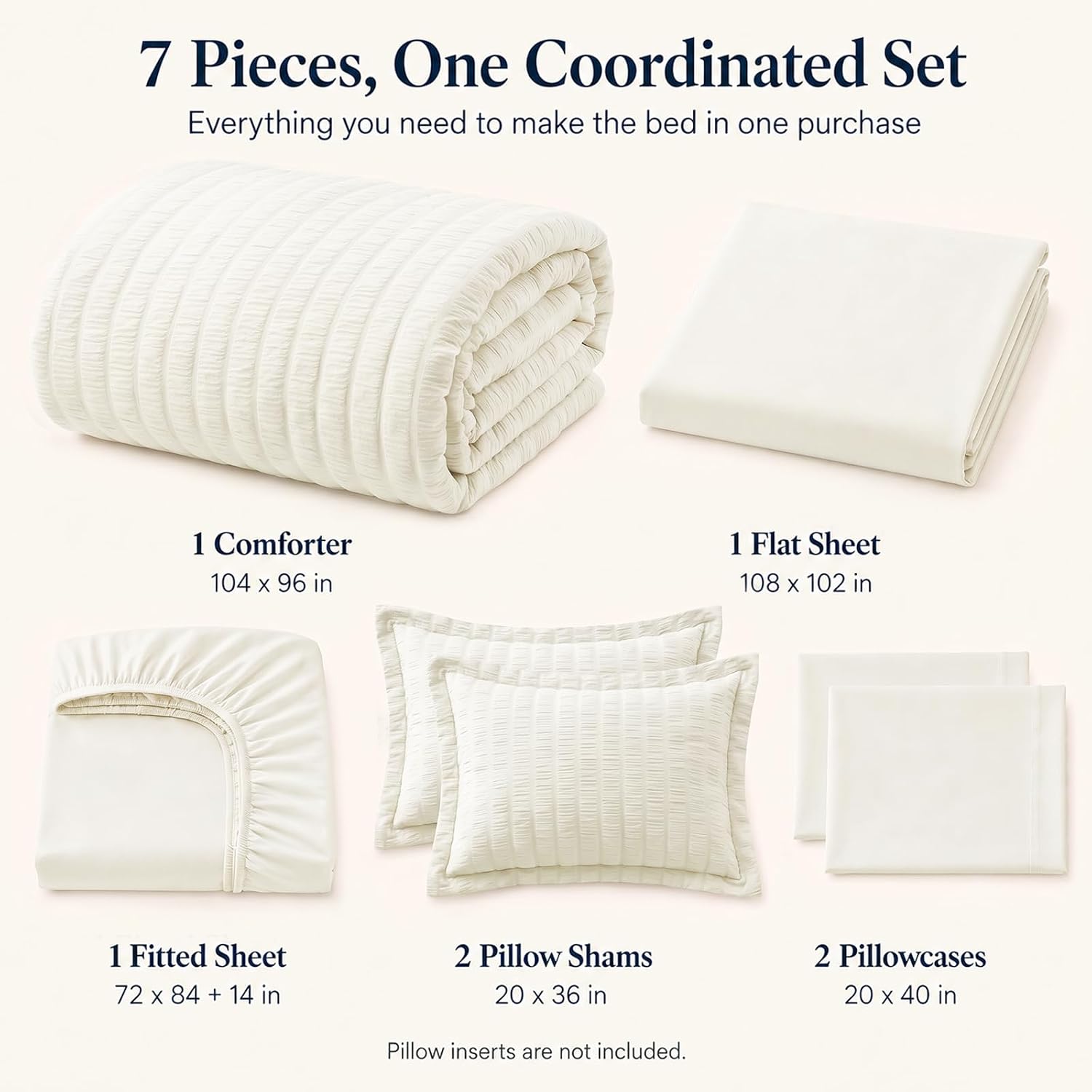 Detalle 2 de CozyLux California King Comforter Set with Sheets (7 Pieces) – Ivory Seersucker, Down Alternative Comforter