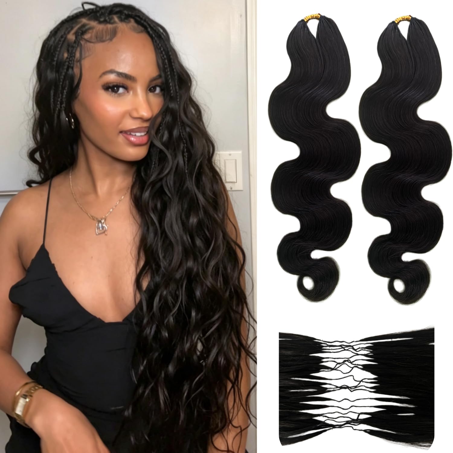 Detalle de Body Wave Feather Crochet Human Hair Extensions by Miracle Knots — 2-Pack, 20in, 120g
