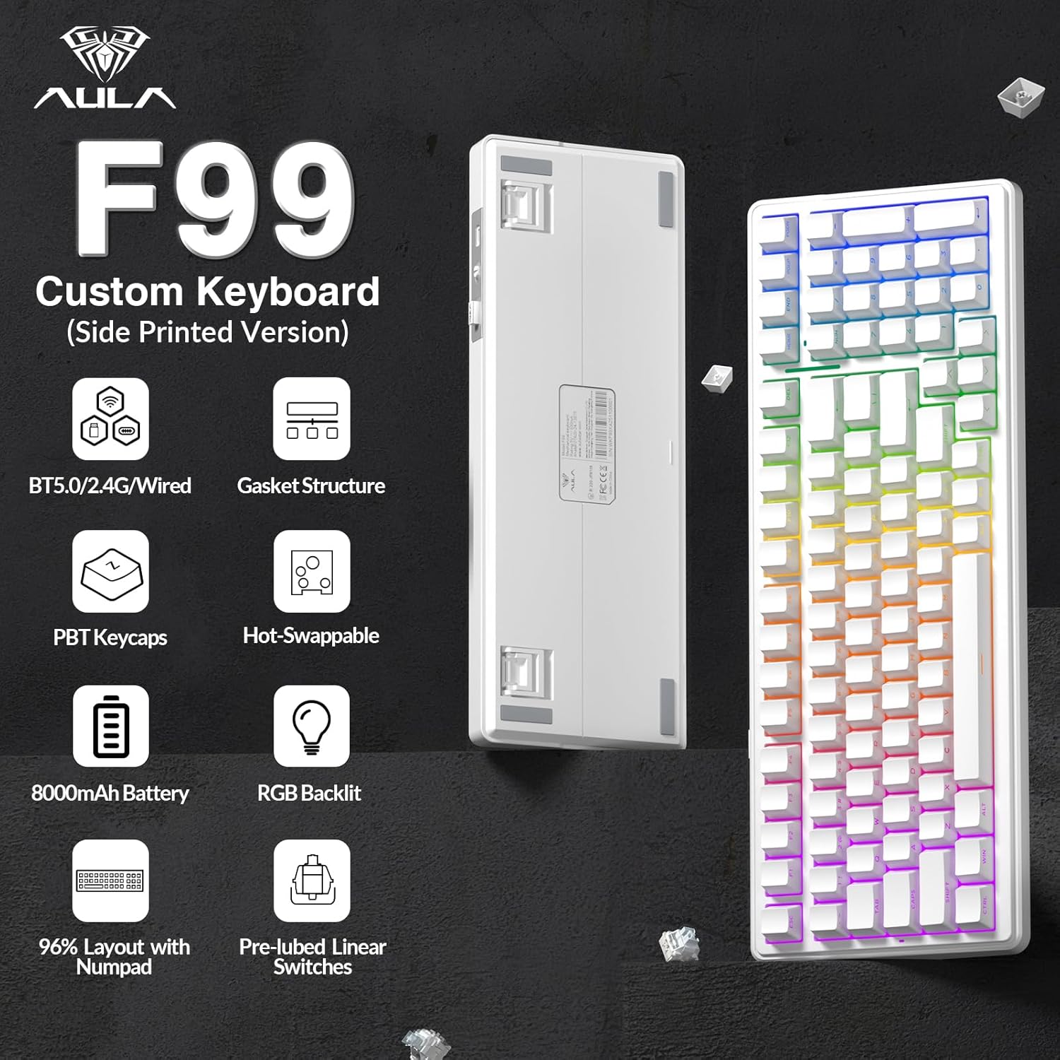 Thumbnail 1 de AULA F99 Mechanical Gaming Keyboard: BT5.0/2.4GHz/USB-C, Hot Swappable, 8000mAh – White