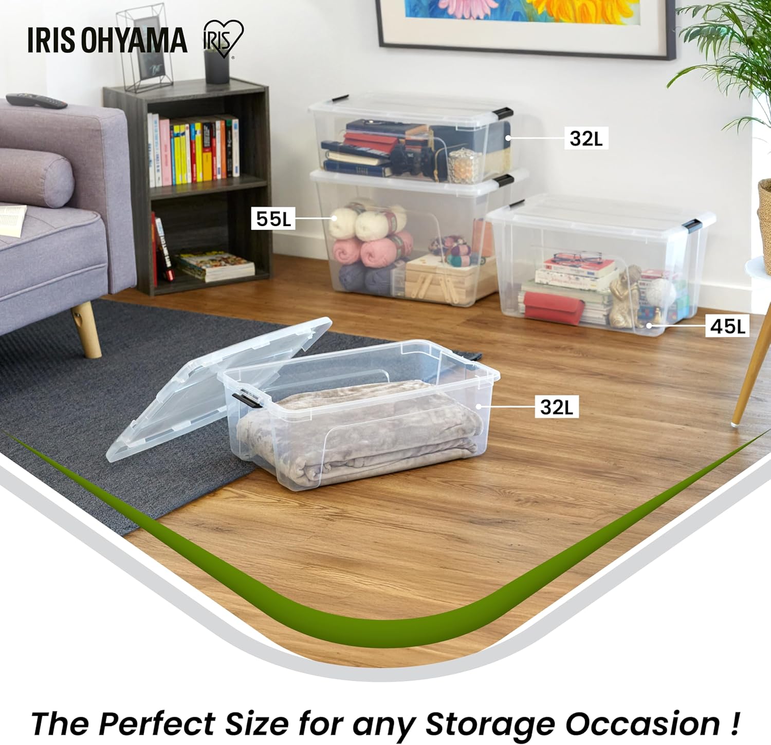 Thumbnail 5 de Iris Ohyama BSB-55 scatola di raccolimento in plastica trasparente da 55L con coperchio, impilabile