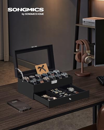 Detalle de SONGMICS Caja de Reloj JWB012B03: Estuche de 2 niveles para 12 relojes con tapa de cristal y cerradura