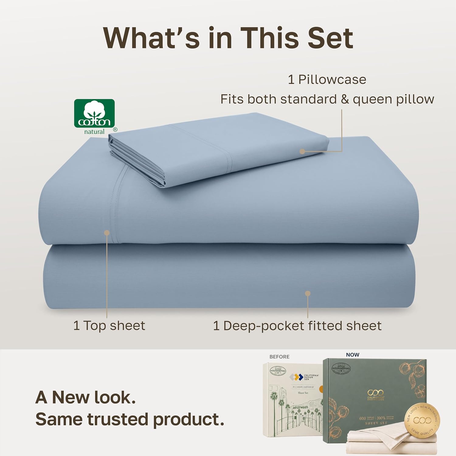 Detalle de California Design Den 840307134233 Twin Cotton Sateen Sheet Set, 600 Thread Count