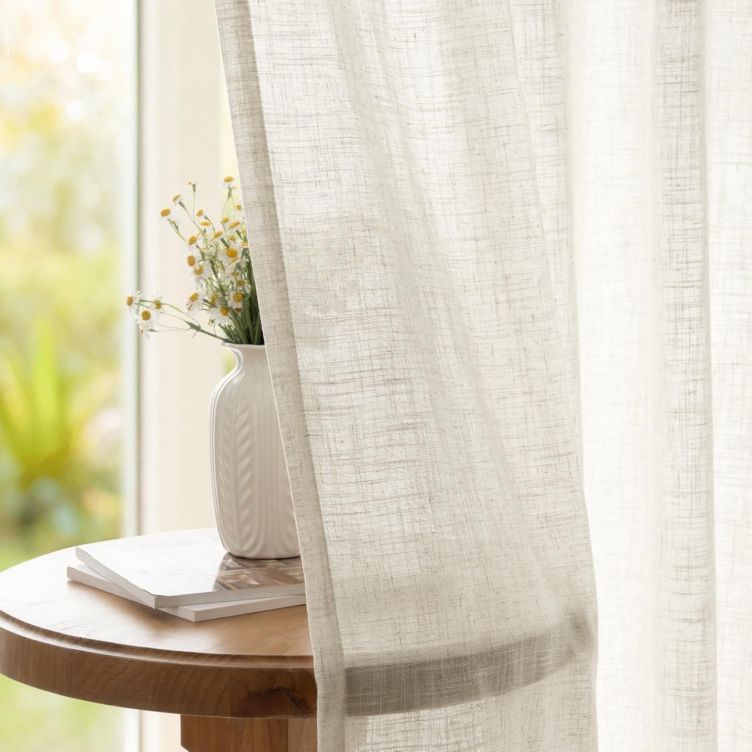 Detalle de INOVADAY Rideaux Aspect Lin Semi-Transparents Lot de 2 – 140L x 260H cm, Naturel