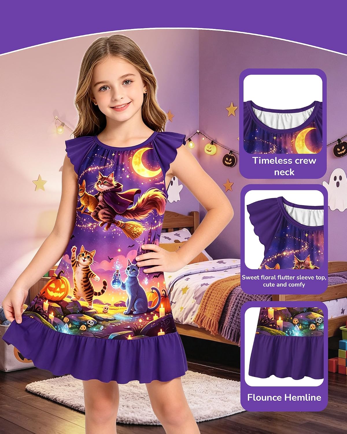 Detalle 2 de LQSZ Girls' Nightgown Pajama Dress with Flutter Sleeves and Bunny Print