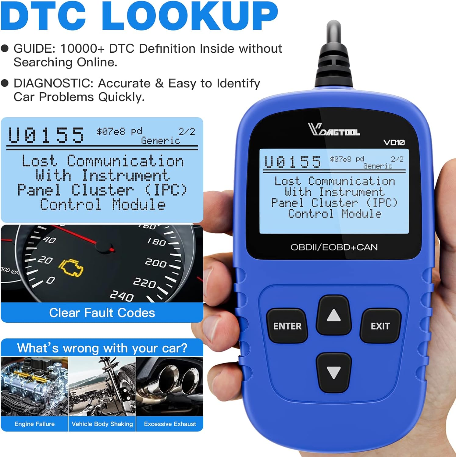 Detalle de VDIAGTOOL VD10 OBD2 Diagnosegerät – EOBD/OBD2 Scanner mit Live-Daten und I/M-Bereitschaft