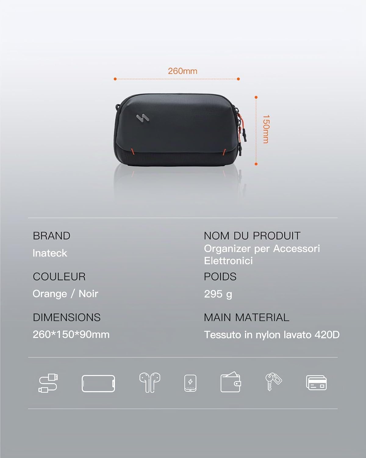 Thumbnail 2 de Inateck Organisateur Pratique pour Accessoires Électroniques – Sac de Voyage Résistant aux Éclaboussures, Bandoulière Incluse