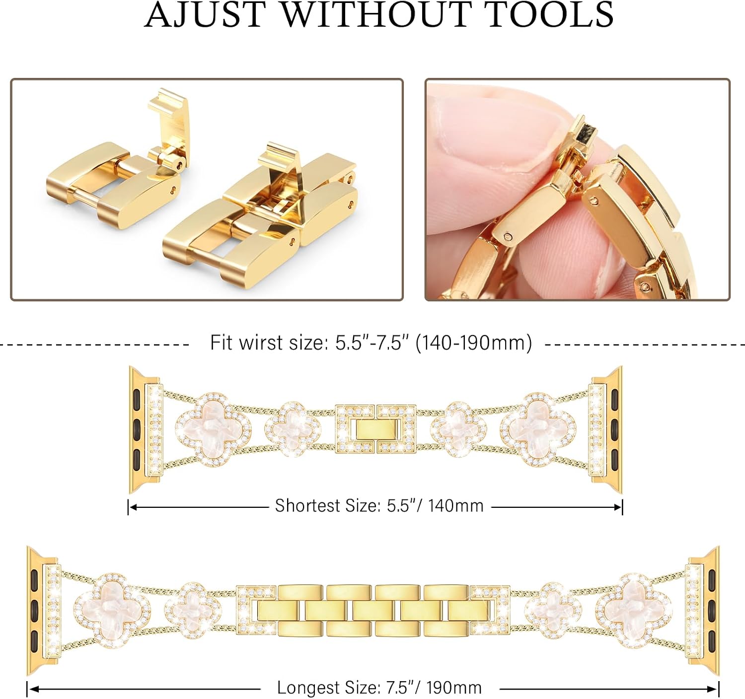 Detalle de Tasikar Bling Diamond Women Straps for Apple Watch 38–49mm (Gold) – Lucky Clover Dressy Replacement Band