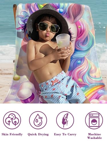 Detalle de Rowjoy Einhorn Kinder Strandtuch 60 × 120 cm – Mikrofaser, sandfest, schnell trocknend, pink