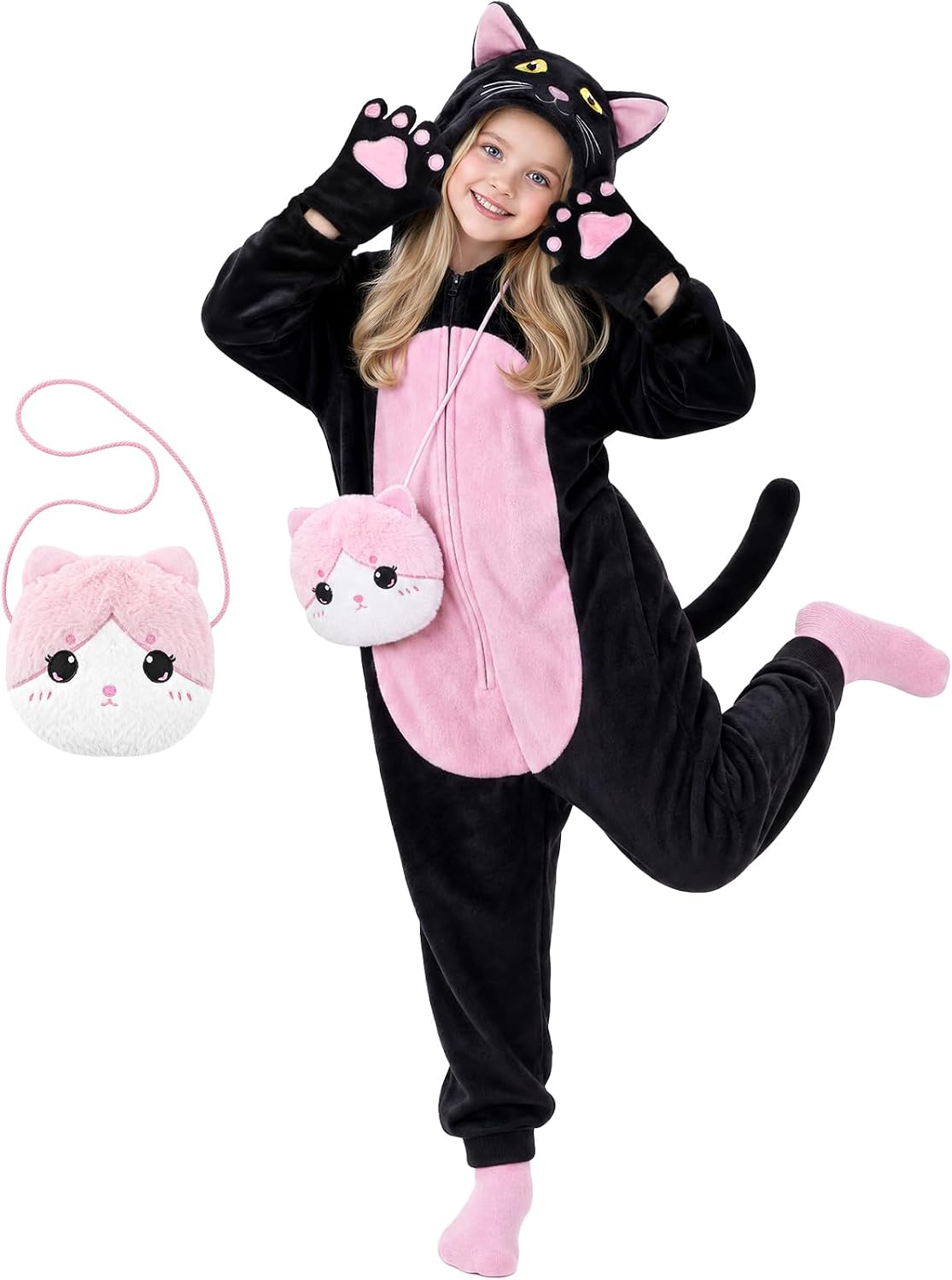 Detalle de Joycover Black Cat Costume for Girls, Flannel Onesie with Hood, Tail & Purse