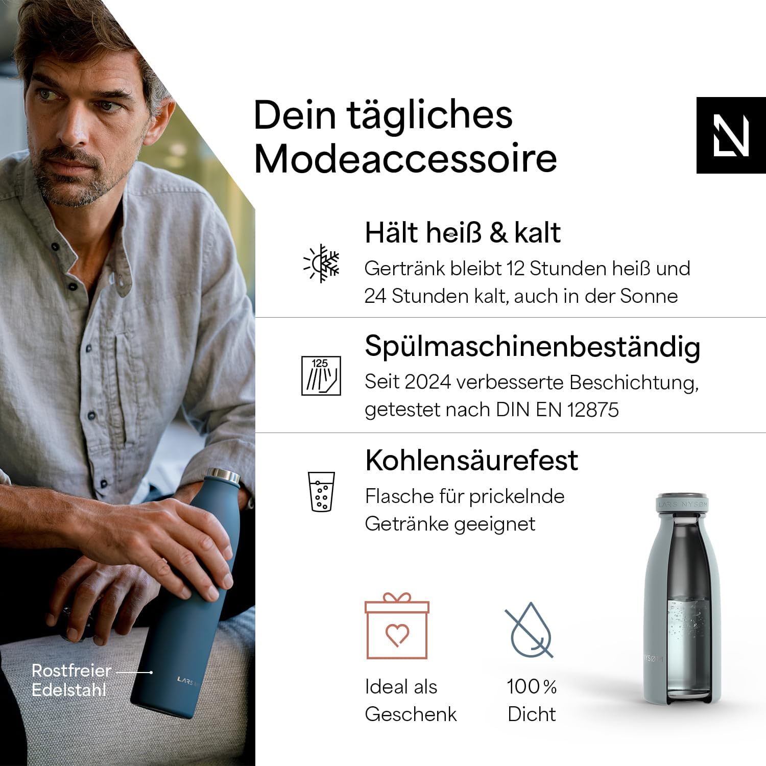 Thumbnail 1 de LARS NYSØM Edelstahl Trinkflasche 350–1000 ml: Robuste Begleiterin für Sport, Büro und Outdoor