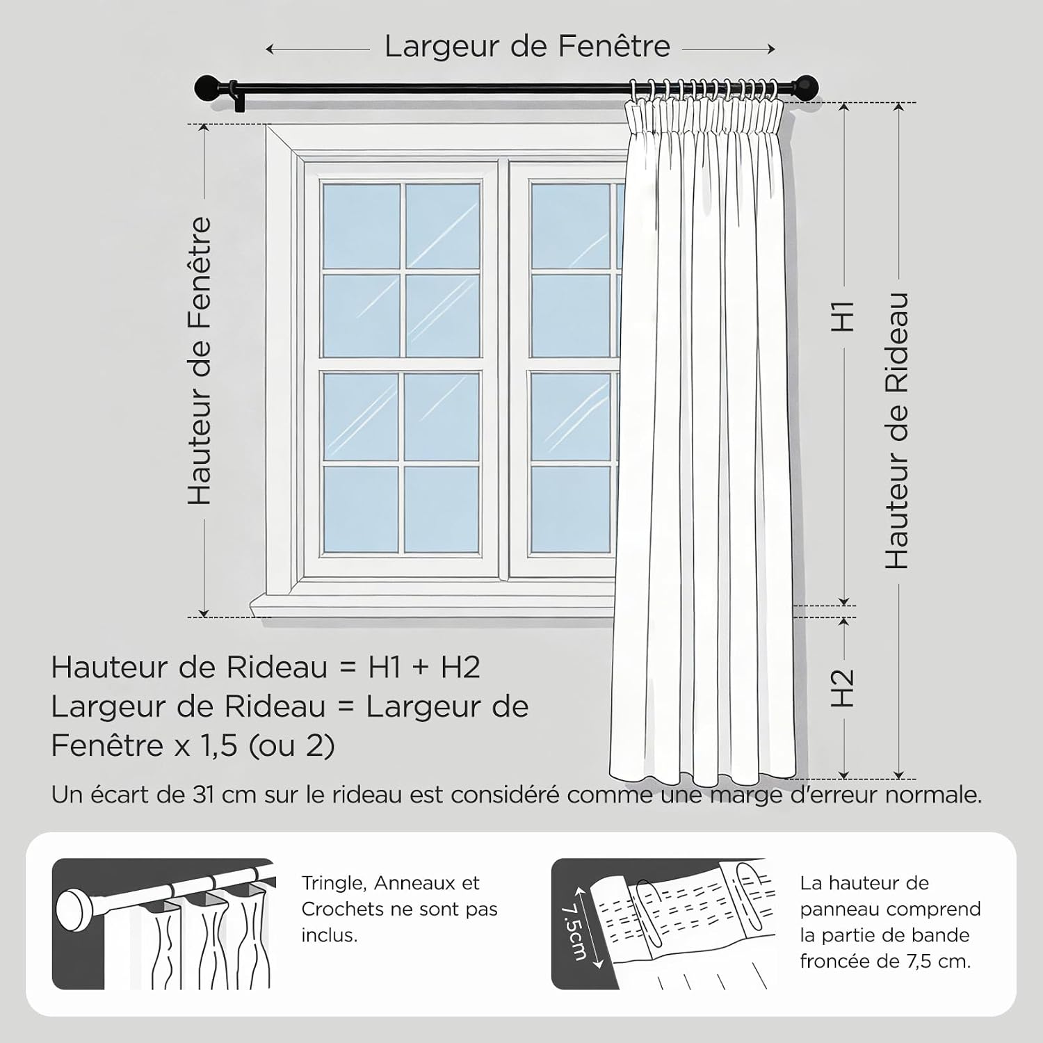 Detalle de Joydeco Lot de 2 Rideaux Voilages Blanc 140x160cm avec Galon Fronceur – NB: Crochets non inclus