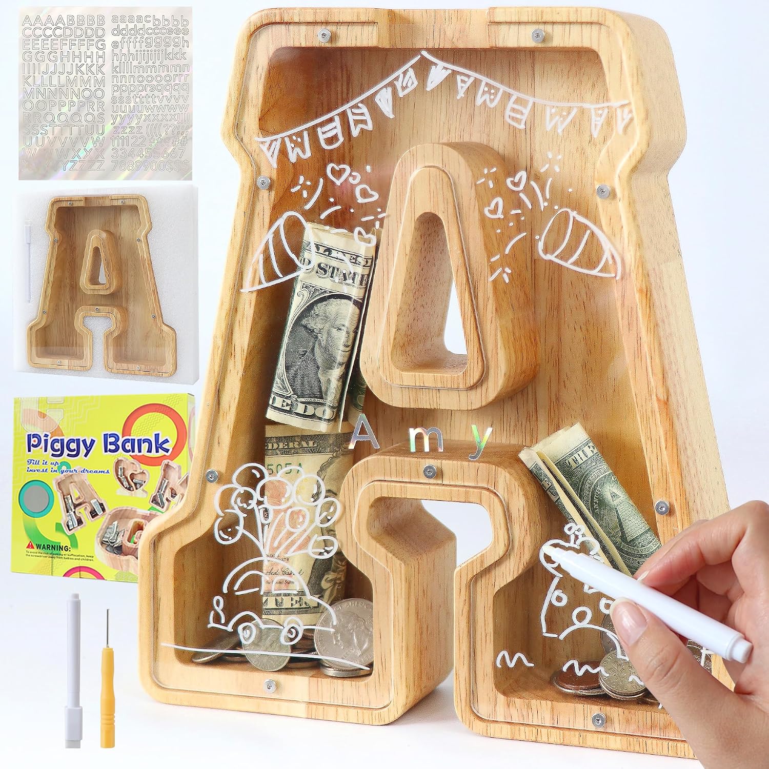 Thumbnail 6 de Mikytoper Large Wooden Letter Money Box for Kids – Personalised A-Z Piggy Bank
