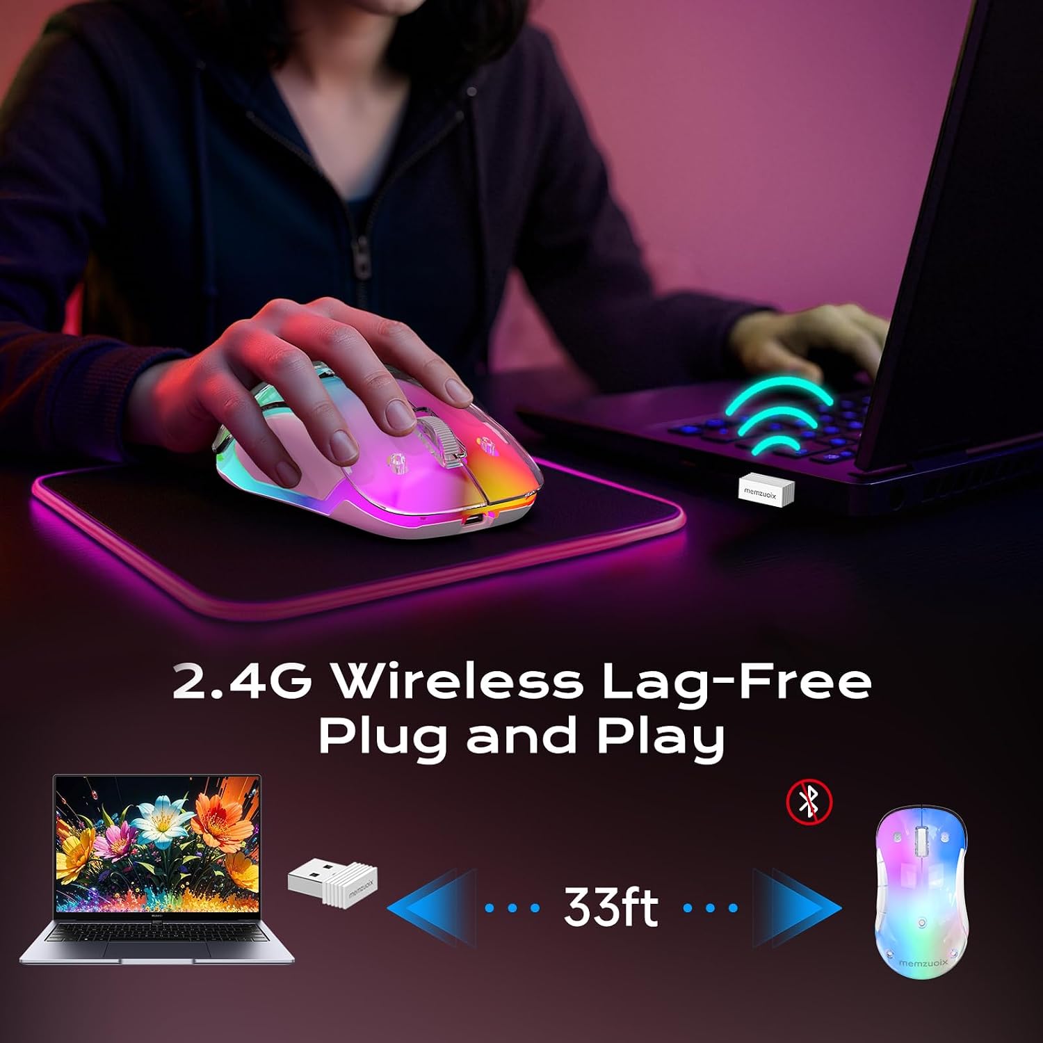 Thumbnail 5 de memzuoix LED Wireless Mouse (Rechargeable 2.4G, 1400 DPI) – Pink