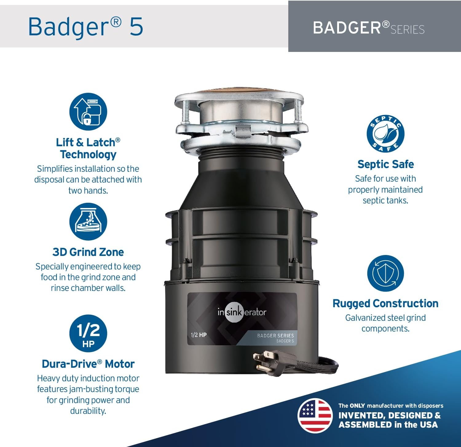 Detalle de InSinkErator Badger 5 Garbage Disposal with Power Cord: 1/2 HP, Continuous Feed